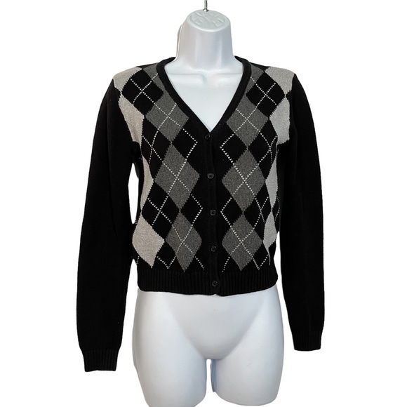 Brandy Melville Sweaters - Brandy Melville sweater One Size Argyle cardigan Black gray V-neck Button down